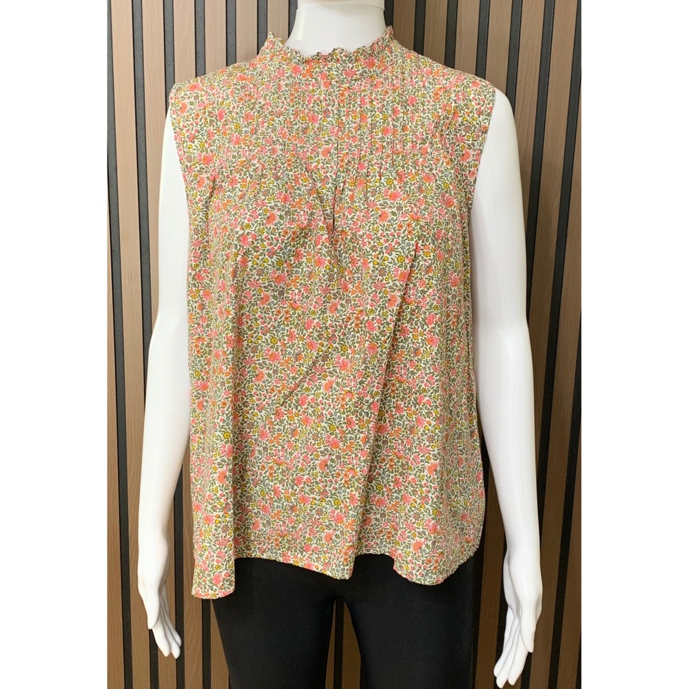 J.Crew Women's XXL Floral Ruffle Mock Neck Pintuck Sleeveless Cotton Blouse Pink